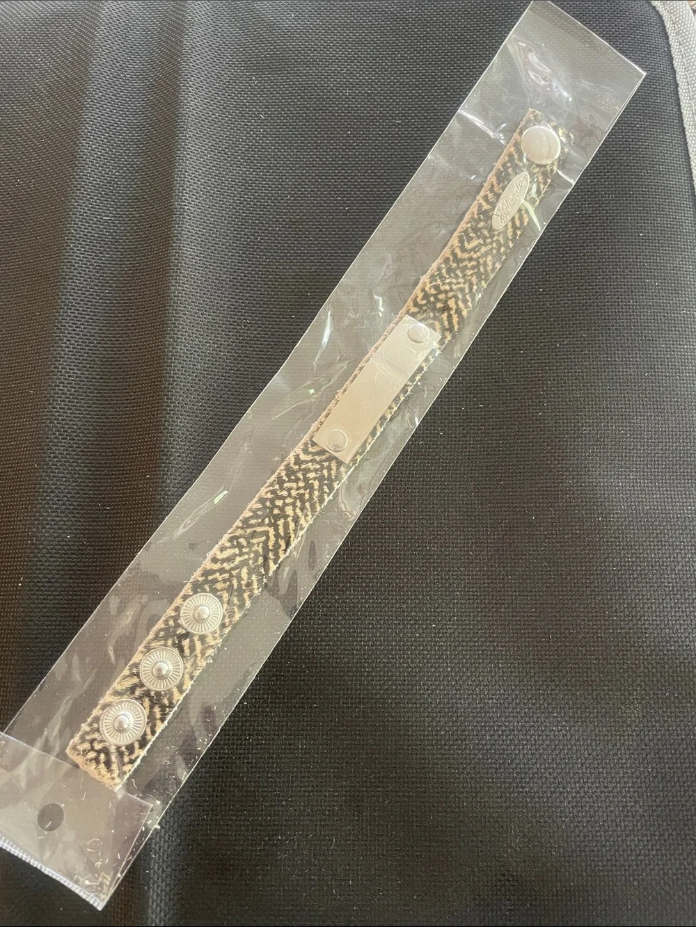 Plunder Brown Zebra Print Leather Snap Bracelet. Silver rectangular ID tag. NEW